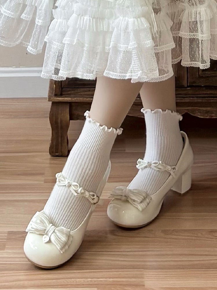 Toe Round Heart Bow Heels White with Details Accents Sweet Mid/Low Lolita
