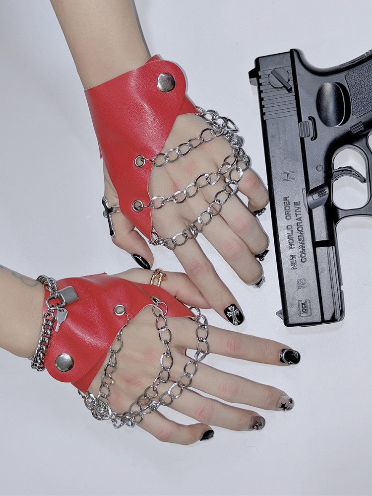 Y2K Decorated Black/White/Red/Silver And Lock Punk Chain PU