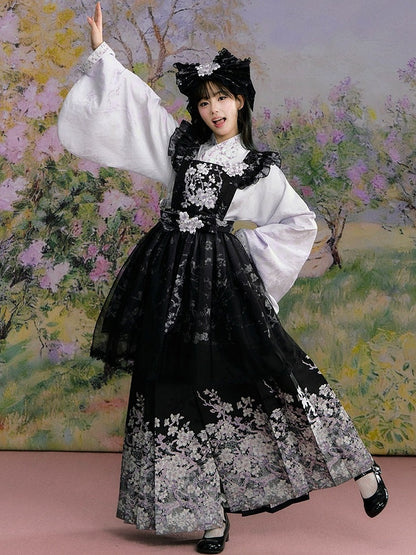 Black Floral Pleated Hanfu Skirt - Yimu Walnut