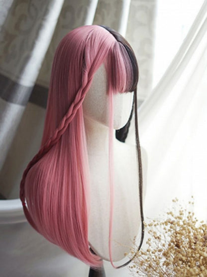 Rosa-schwarze, geteilte, hüftlange, glatte Perücke mit vollem Pony