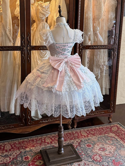 Blue Multi-Layer Lace Trim Lolita JSK with Bow and Bead Chain Decorations and Pink Back Bow Full Set - White Sugar Girl