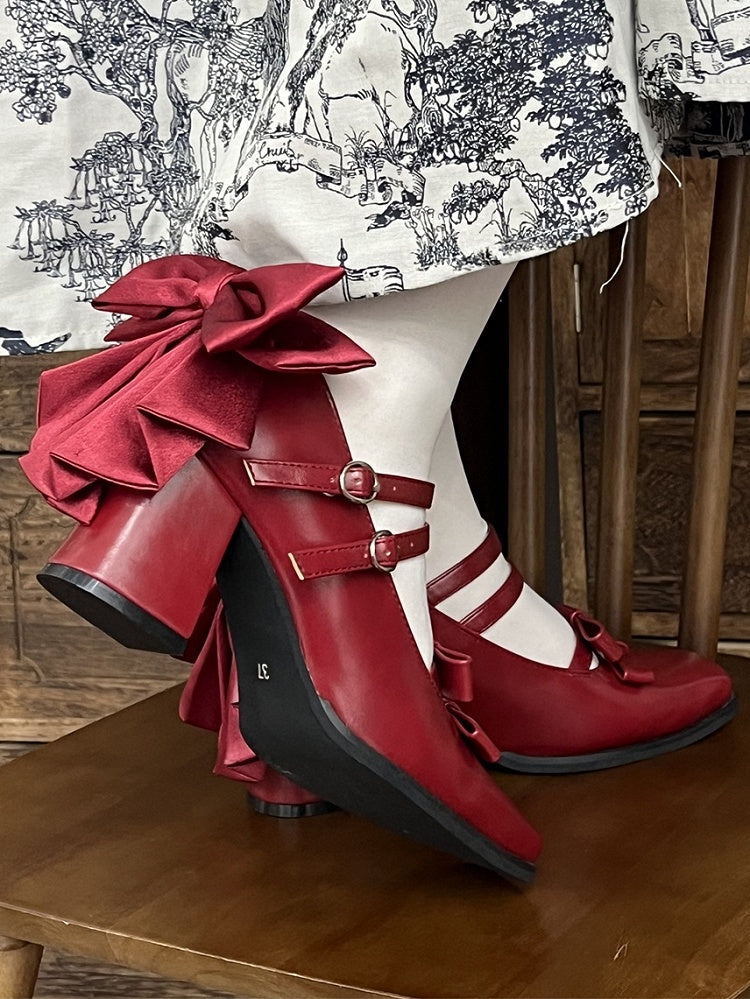 Square Lolita Block Buckles Heels Red Dual Elegant Bow High - Wine 6.5cm Toe Accents