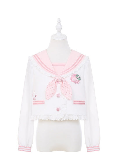 ピンク/ワインのフリルセーラーカラー、うさぎ耳デザイン、バックレッドJK制服トップライト