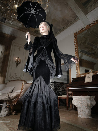 Black Embroidered Lace Blouse with Velvet V-Neck Coat and Layered Mermaid Skirt - DevilInspired Exclusive Collection