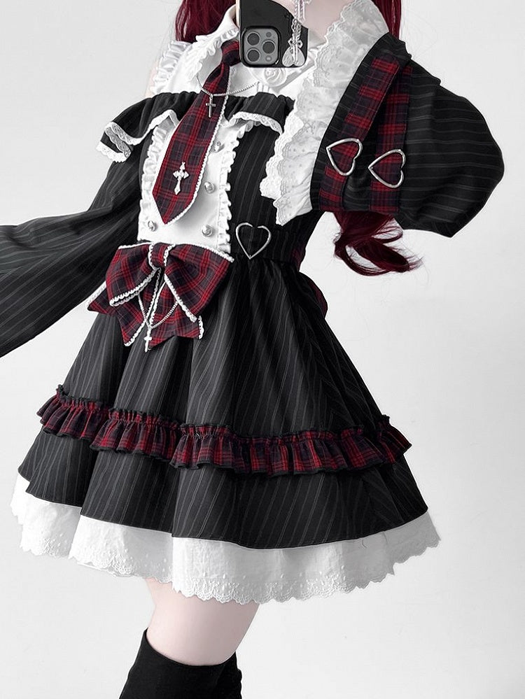 Kleid Bell Plaid Tie Idol und Schulterausschnitt Lolita Schwarz Bowknot Streifen Rot mit Ärmeln