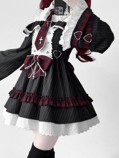 Kleid Bell Plaid Tie Idol und Schulterausschnitt Lolita Schwarz Bowknot Streifen Rot mit Ärmeln