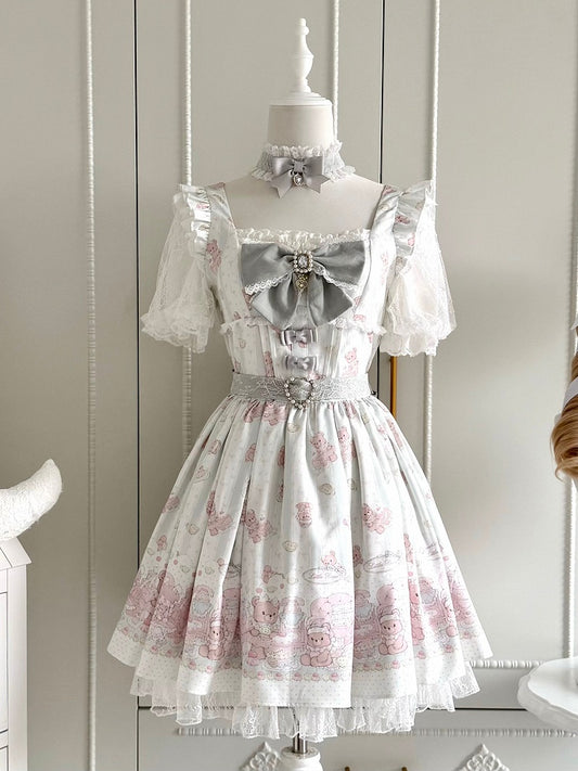 Ryousangata Style Green Bear Print Square Neck Short-Sleeve Dress with Lace and Bow Details - Shi Zhai Xin