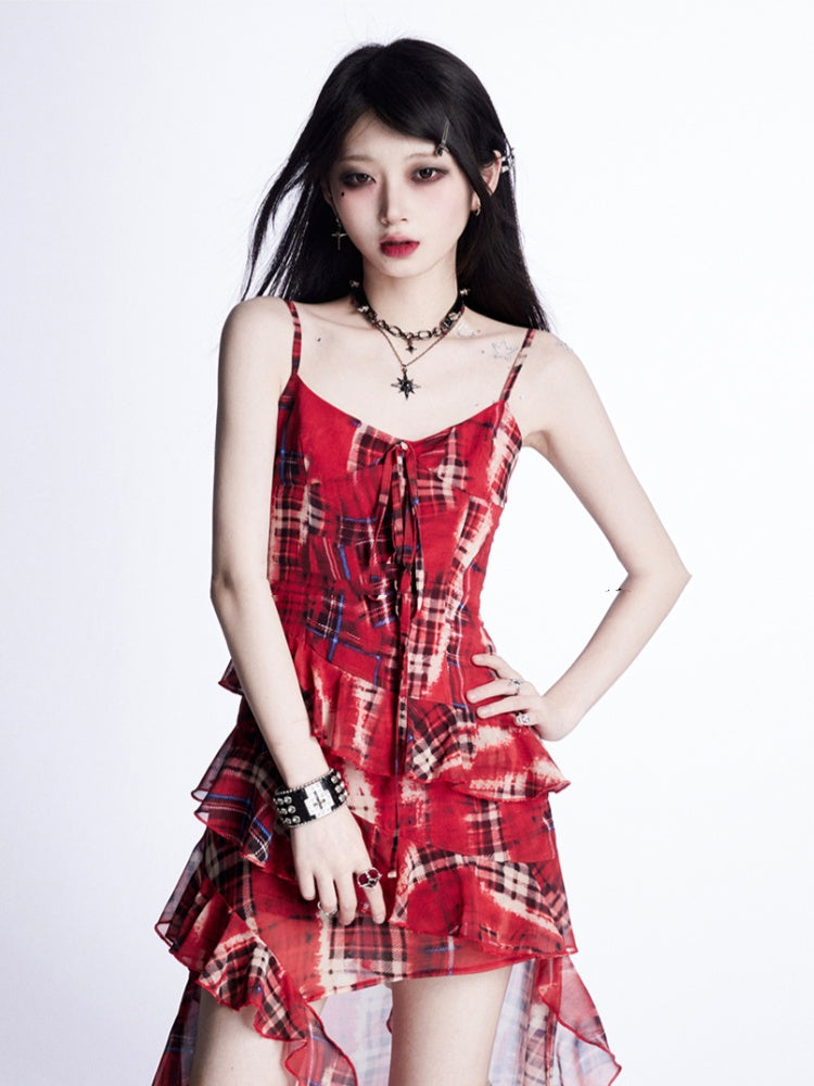 High-low Cami Dress Red Plaid Cascading Ruffle Trim Holiday Skirt