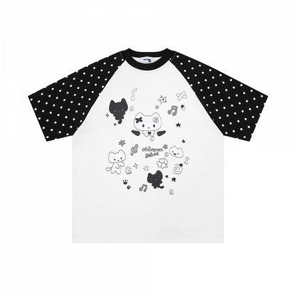 White Crew Neck Short Sleeve T-shirt with Kitten & Polka Dot - Languid Park