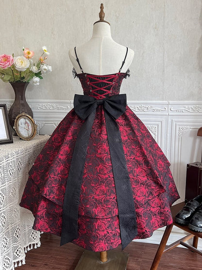 Black and Red Gothic Rosette Fabric High-low Skirt Dress Lolita JSK with Sleeves and Collar