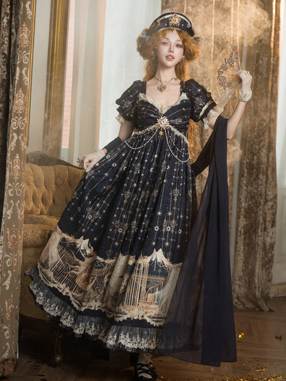 Elegant Unicorn OP Night Starry Blue Dark Set Full Empire Print Waist Lolita