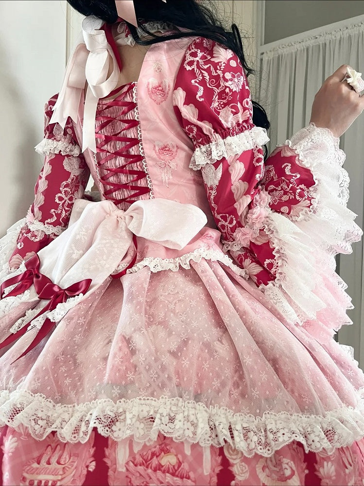 Red & Pink Strawberry Cake Print Bell Sleeve Lolita Dress - Ball Lolita