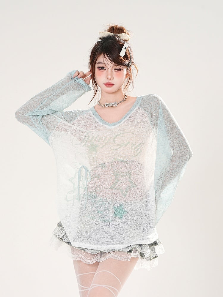 ブルー/ピンクプリントのセミシースルーカバーアップVネックスター