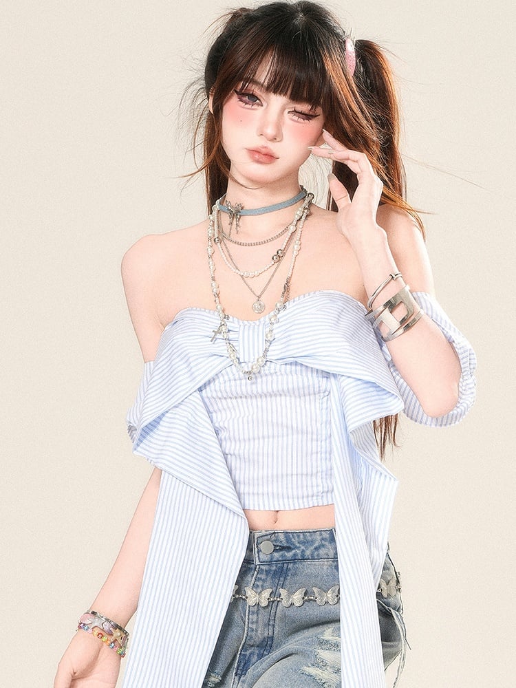 Striped Neckline Glamorous Top Blue Big Bow Cropped