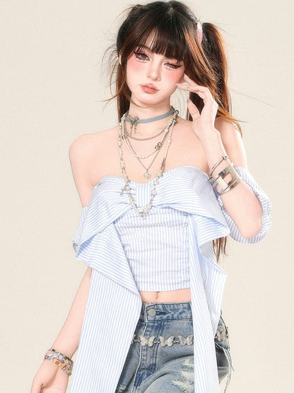 Striped Neckline Glamorous Top Blue Big Bow Cropped