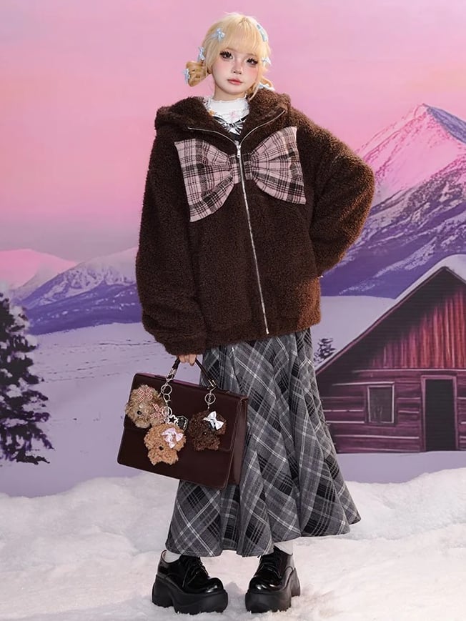 ブラック＆グレーのカラーブロックベアアップリケルーズカーディガン