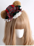 Plaid Lace Bear-Themed Hat with Christmas Mini
