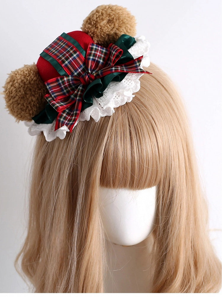 Plaid Lace Bear-Themed Hat with Christmas Mini