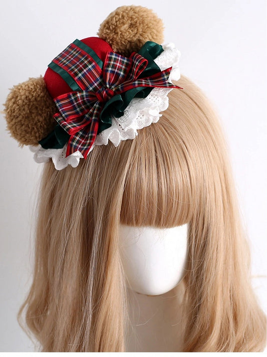 Plaid Lace Bear-Themed Hat with Christmas Mini