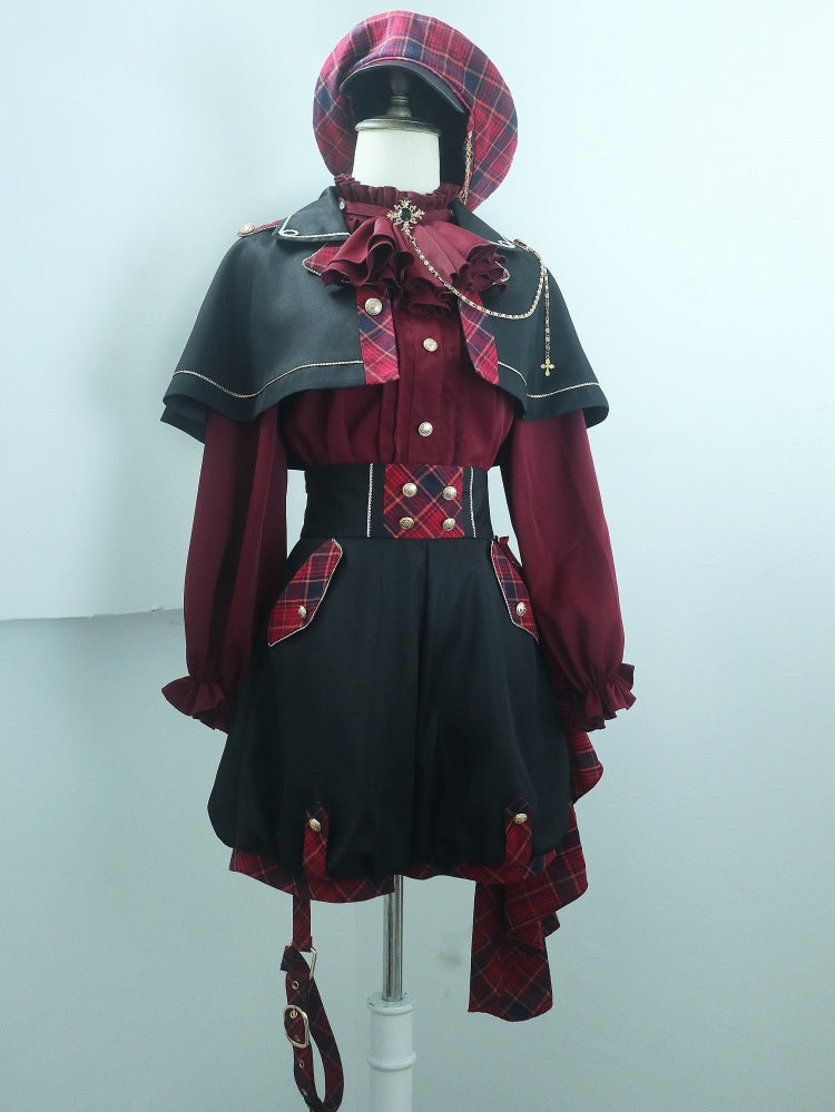 Black and Red Gryffindor Plaid Pattern Ouji Lolita Set Cape + Shorts