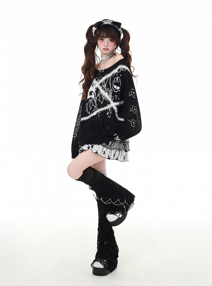 アシンメトリーネックラインのレース、ブラック/ホワイト、日焼け防止、グラマラスなアップリケ、グラフィックトップ