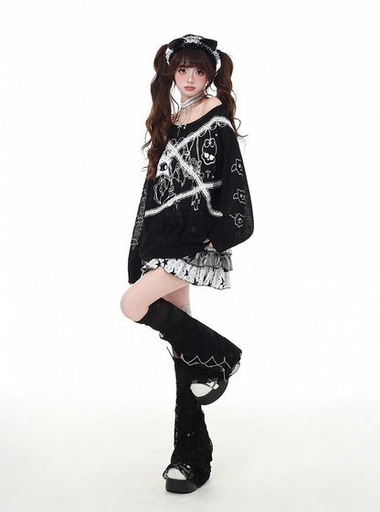 アシンメトリーネックラインのレース、ブラック/ホワイト、日焼け防止、グラマラスなアップリケ、グラフィックトップ