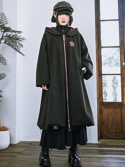 Noir fleuri - avec Imprimé Manteau Gothique à Capuche et Fermeture Éclair sur le Devant, Ourlet Bulle