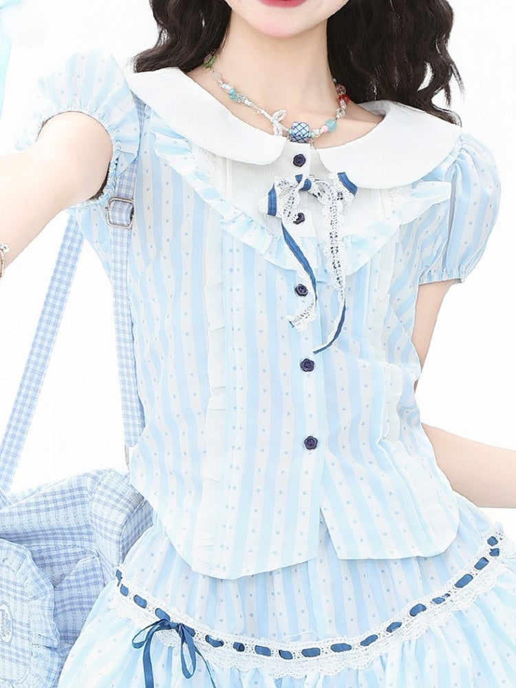 Peter with Striped Pan Polka Blue Collar Puff and Dot Blouse Sweet Sleeves