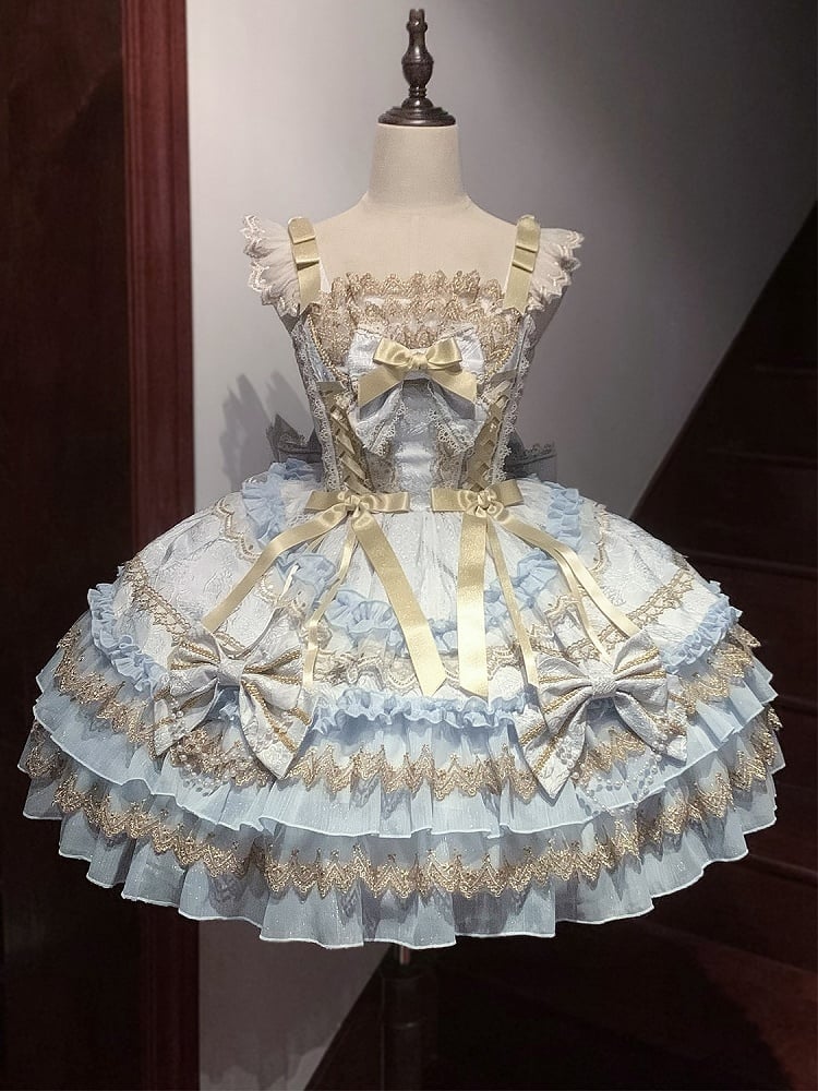 Verziertes Lolita Perlenprinzessin Stufenkettenrock Kleid Schleifen Blau
