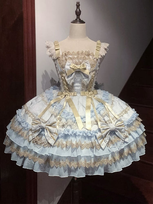Verziertes Lolita Perlenprinzessin Stufenkettenrock Kleid Schleifen Blau