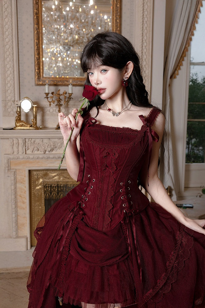 Red Classic Lolita Corset Top with Layered Tulle Skirt - Caramelantike
