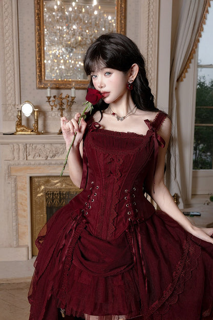 Red Classic Lolita Corset Top with Layered Tulle Skirt - Caramelantike
