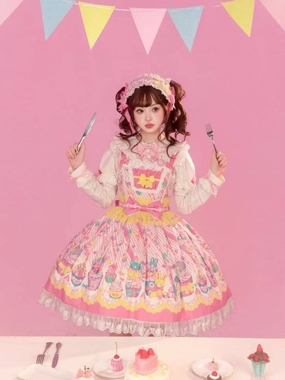 Trim Flutter and Sleeves Yellow Lolita JSK Cupcake with Dress Prints Sweet Lace Pink