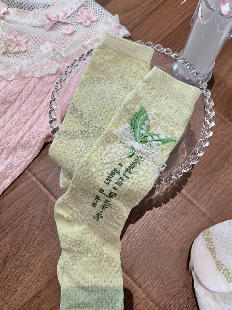 Of Pattern Lily And White/Green Bowknot Valley Calf The Socks Lace