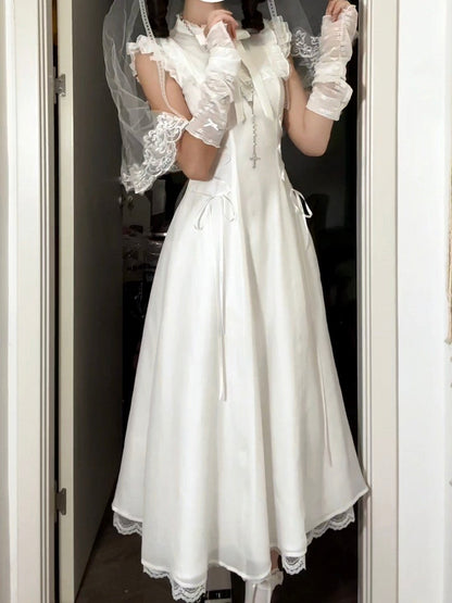 Pure Flutter Waist White Lace-Up Dress:Long Versionwith Sleeve Aesthetic