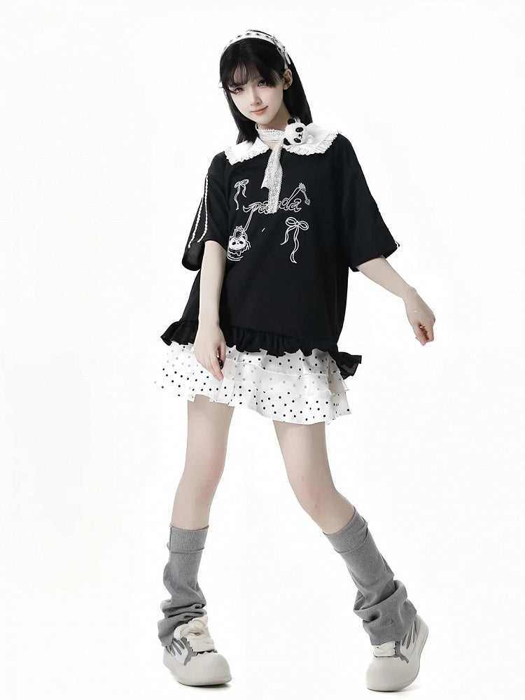 Short/Long Top Sleeves Panda Dessert Print Ruffled Pointed Flat Collar Ruffled Hem Black