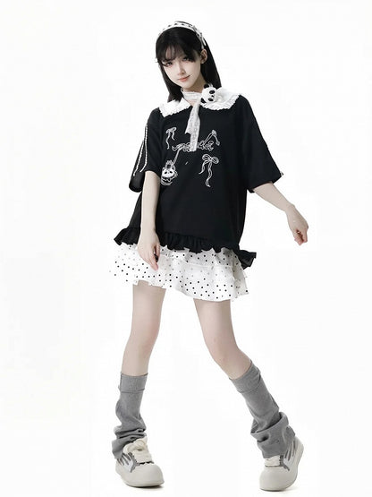 Short/Long Top Sleeves Panda Dessert Print Ruffled Pointed Flat Collar Ruffled Hem Black