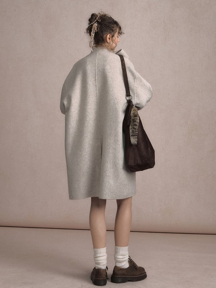 Gray Beige/Dark Vintage-Inspired Long Wool Coat with Front Button Placket and Bow Tie Collar