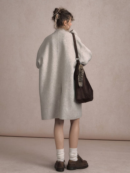 Gray Beige/Dark Vintage-Inspired Long Wool Coat with Front Button Placket and Bow Tie Collar