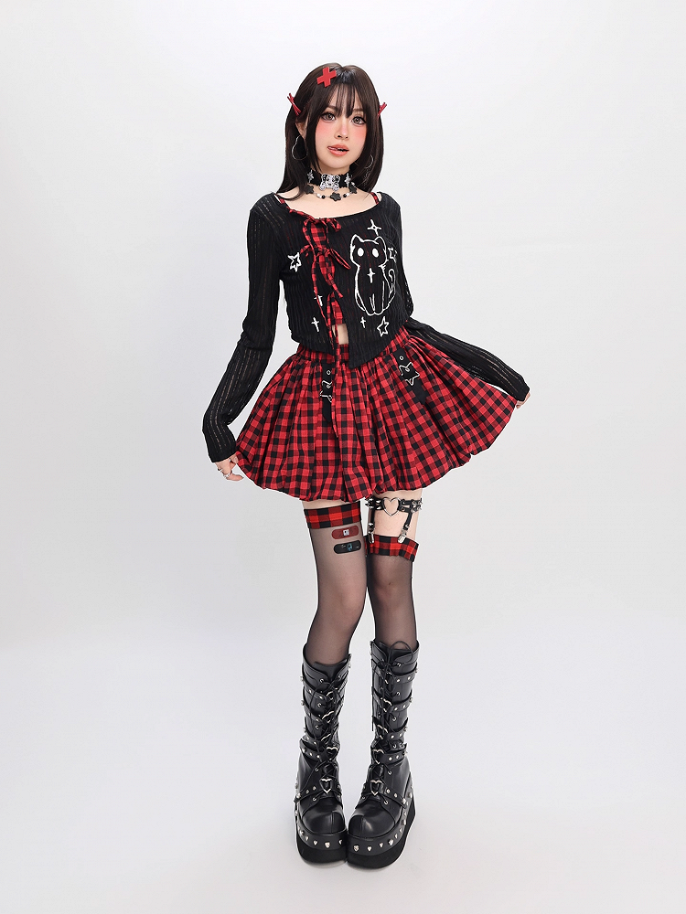 Plaid Bubble Skirt Y2K Gray / Red Star Buckles Black Black
