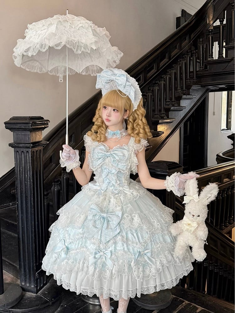 Decor With Dress Multi-Layer Lolita Hanayome-Style JSK Blue Trim Lace Bow