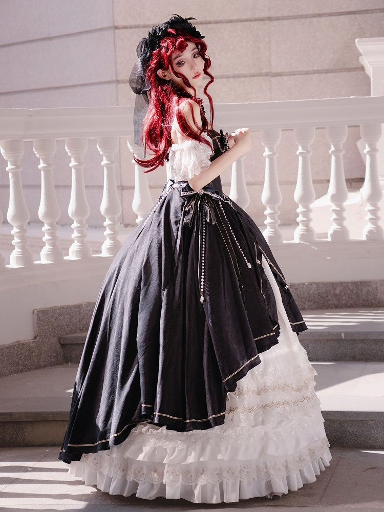Black and White Boned Corset Bodice Gorgeous Long Train Lolita Dress Full Set