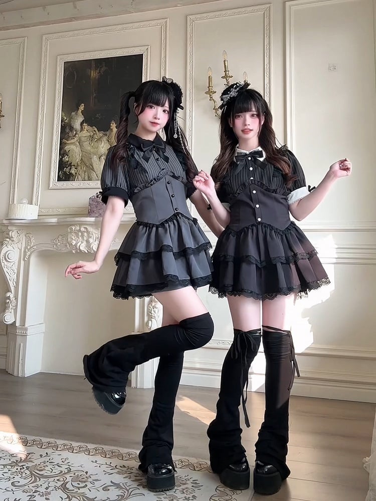 Shorts, Faux-Zweiteiler und Kleid, mehrlagiger Kei-Rock, Spitze, schwarzer Jirai-Streifen-Set – Besatz