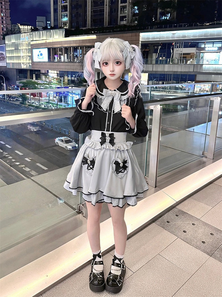 Tie Jirai Kei Black Peter Pan Collar Long Sleeve Blouse Free with Bow