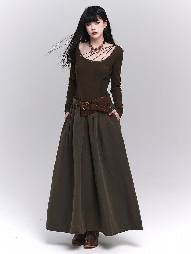 A-Line Maxi Eyelets Pockets with Coffee Dress Metallic Side Vintage