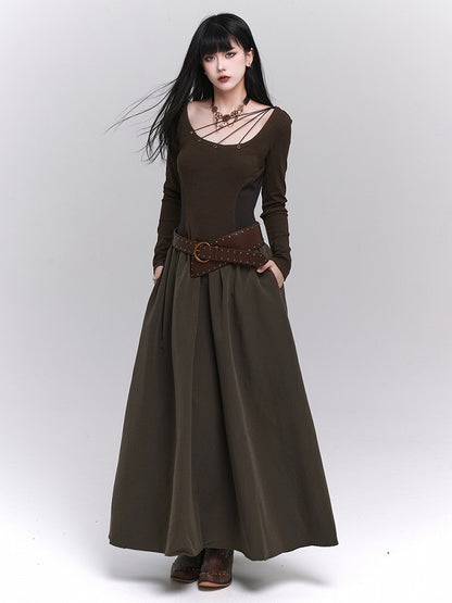 A-Line Maxi Eyelets Pockets with Coffee Dress Metallic Side Vintage