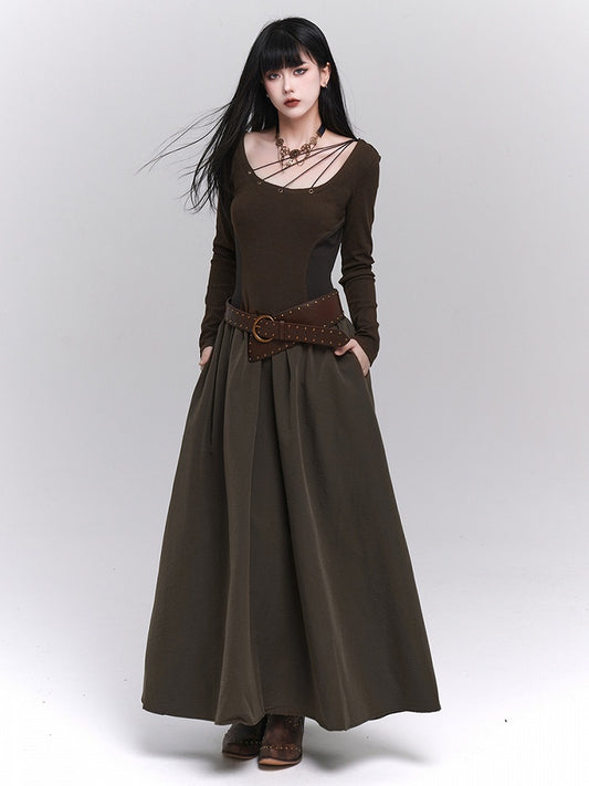 A-Line Maxi Eyelets Pockets with Coffee Dress Metallic Side Vintage