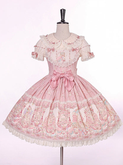 Sweet Pink Doll-Themed Lolita JSK with Bow Accents and Toy Bed Print - Alice Girl