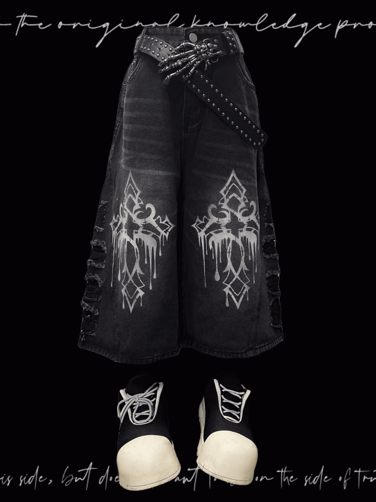 Weite Jeans mit Saum, dunkelgrau, Kreuzdruck, Distressed-Löcher