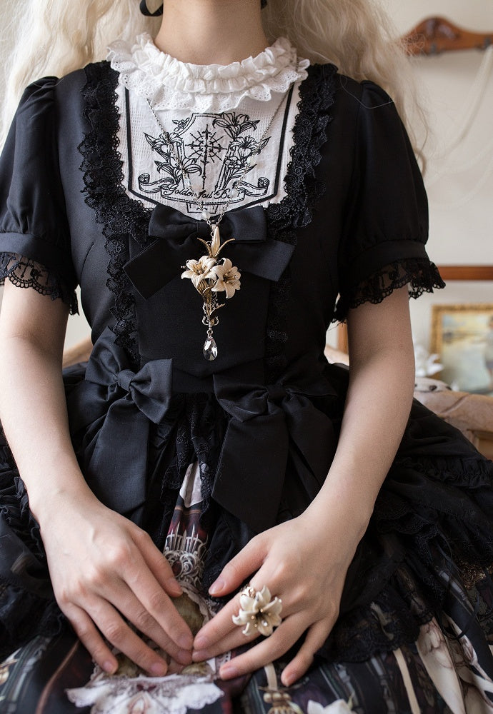 Lily and Puppet Doll Print Black Dark Gothic Lolita Short Sleeves Dress